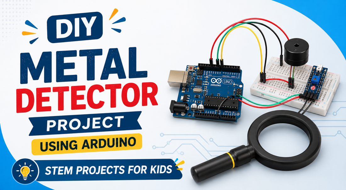 DIY Metal Detector Project Using Arduino banner showing Arduino Uno, breadboard, buzzer, and metal detector sensor module for STEM learning and school electronics projects for kids.
