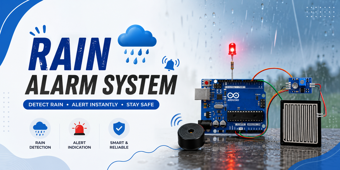 Rain alarm system showing Arduino Uno connected to a rain sensor module, buzzer, and glowing LED on a rainy background. DIY Arduino rain detector project for kids, STEM learning, school science exhibition, and beginner electronics projects.