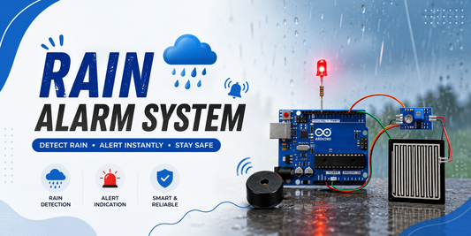 Rain alarm system showing Arduino Uno connected to a rain sensor module, buzzer, and glowing LED on a rainy background. DIY Arduino rain detector project for kids, STEM learning, school science exhibition, and beginner electronics projects.