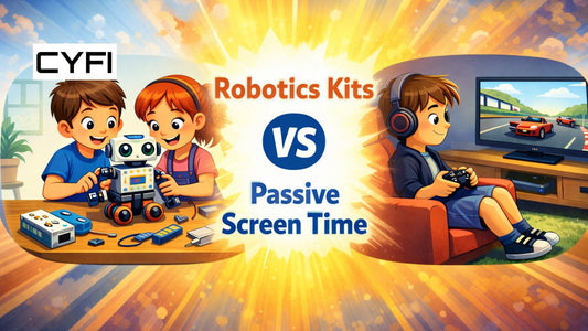 Illustration comparing robotics kits and passive screen time, showing kids actively building a robot on one side and a child watching TV on the other, highlighting hands-on learning vs screen use.