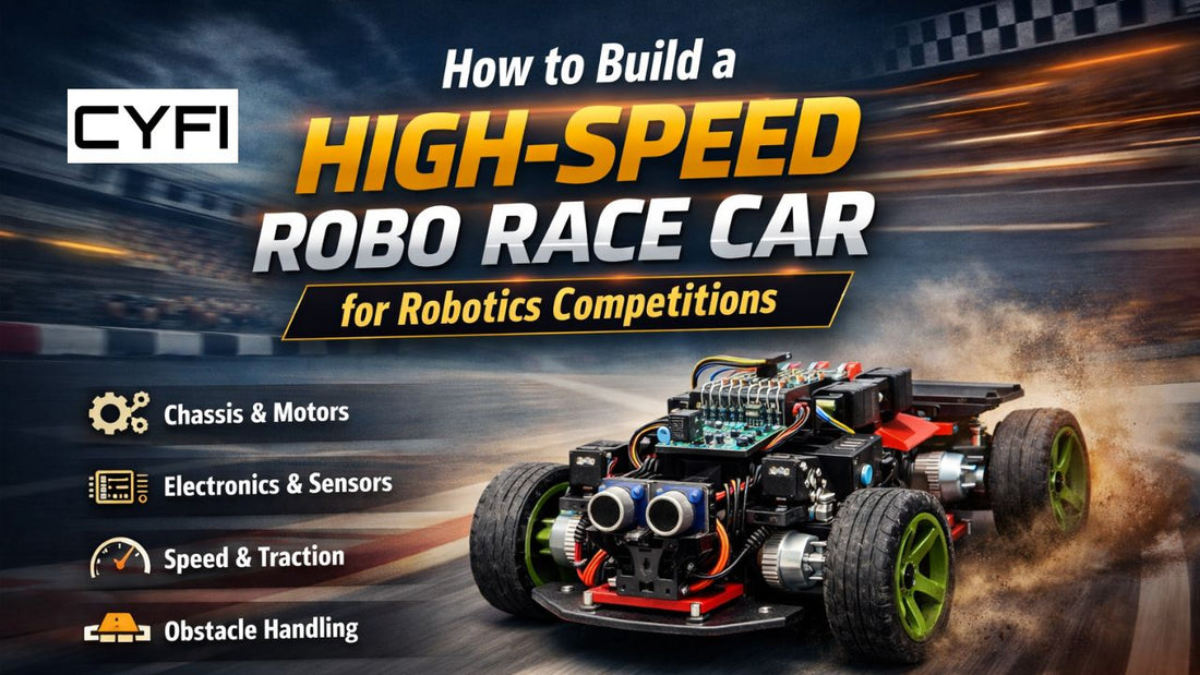 NESTA TOYS CYFI High-speed robo race car designed for robotics competitions showing motors, sensors, and racing chassis