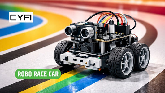 STEM robot race car with motorized wheels and sensor-based navigation