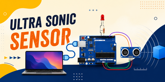 Ultrasonic sensor Arduino project showing Arduino Uno, ultrasonic distance sensor, LED circuit, and laptop setup for kids STEM learning and beginner electronics projects.