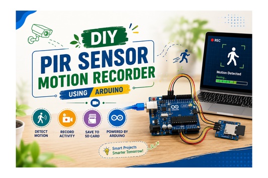 DIY PIR Sensor Motion Recorder Using Arduino featuring a PIR motion sensor, Arduino board, SD card module, and laptop recording detected movement. Learn how to build a smart motion detection and activity recording system with Arduino.